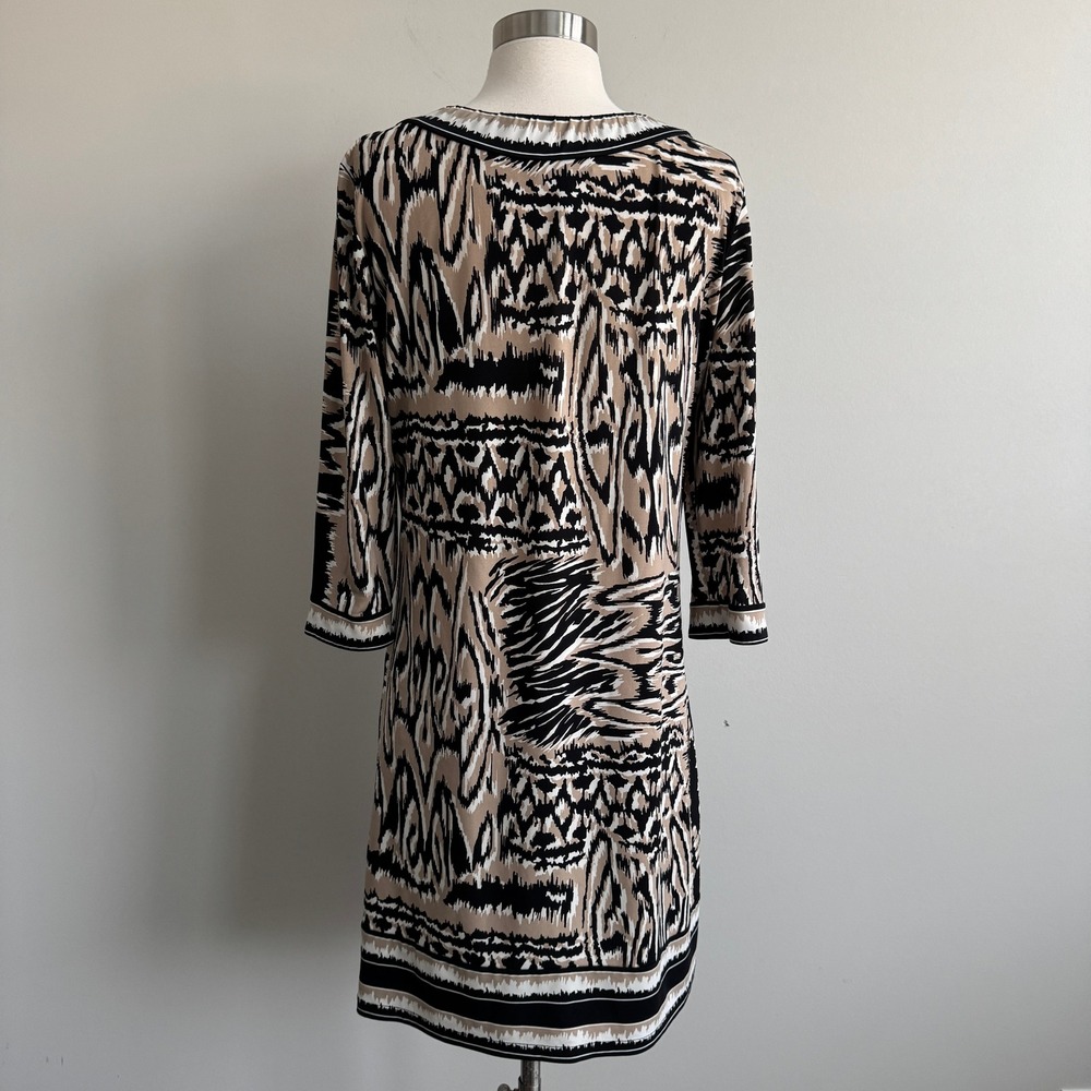 BCBGMaxazria Abstract Tribal Print Shift Dress Tan Black 3/4 Sleeve M - Picture 5 of 7